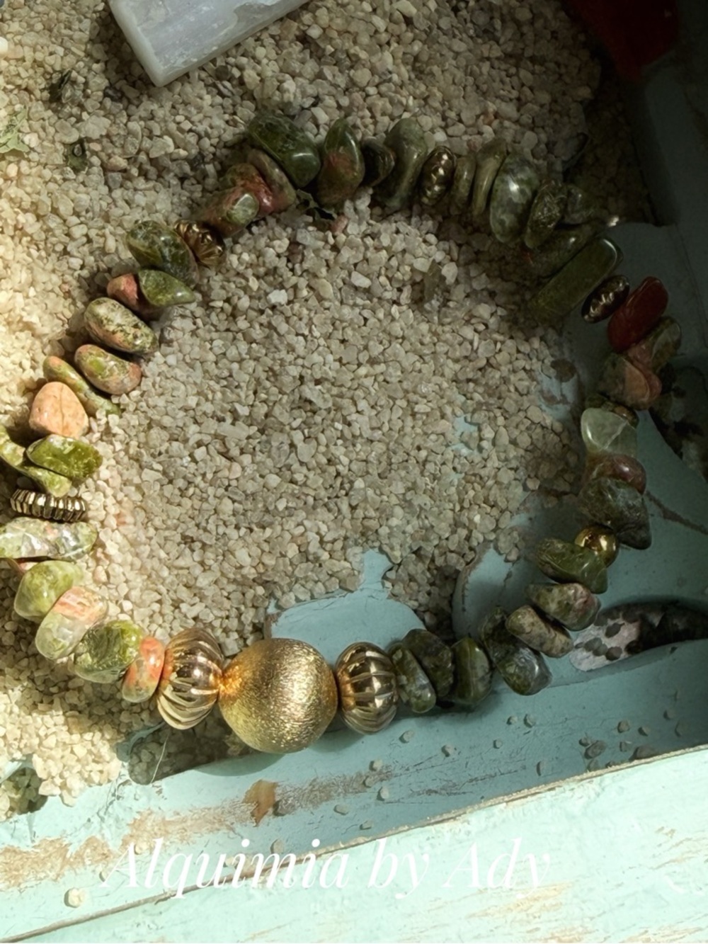 Green and Gold Beaded Stretch Bracelet UNAKITE